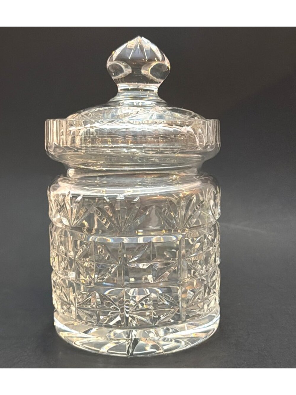 Lead Crystal 24% Biscuit Jar Julia Hand Cut Polish Glass Candy Dish Lid Vintage
